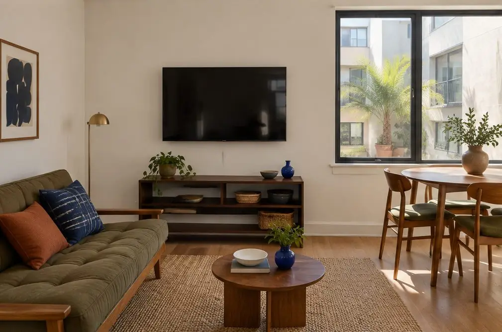 Illustration: a TV on the wall of a compact apartment living room with a futon sofa, a small dining table and a window with a view of a courtyard