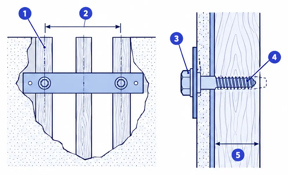 Diagram: front cutaway of a wall plate spanning two wood studs with a lag bolt in each, and an enlarged side section of one bolt biting into the stud