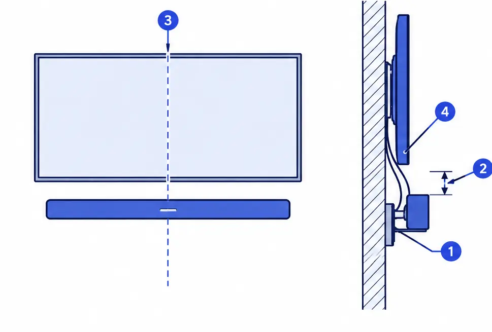 Diagram: front and side views of a wall-mounted TV with a soundbar on its own bracket below it, a gap between them and short cables behind the bar
