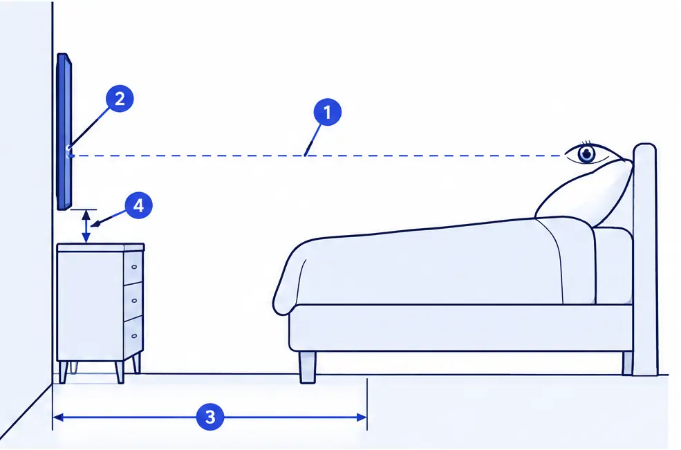 Diagram: side view of a bedroom with a bed, a seated eye line, a TV on the wall with its center near the eye line and a gap above a low dresser