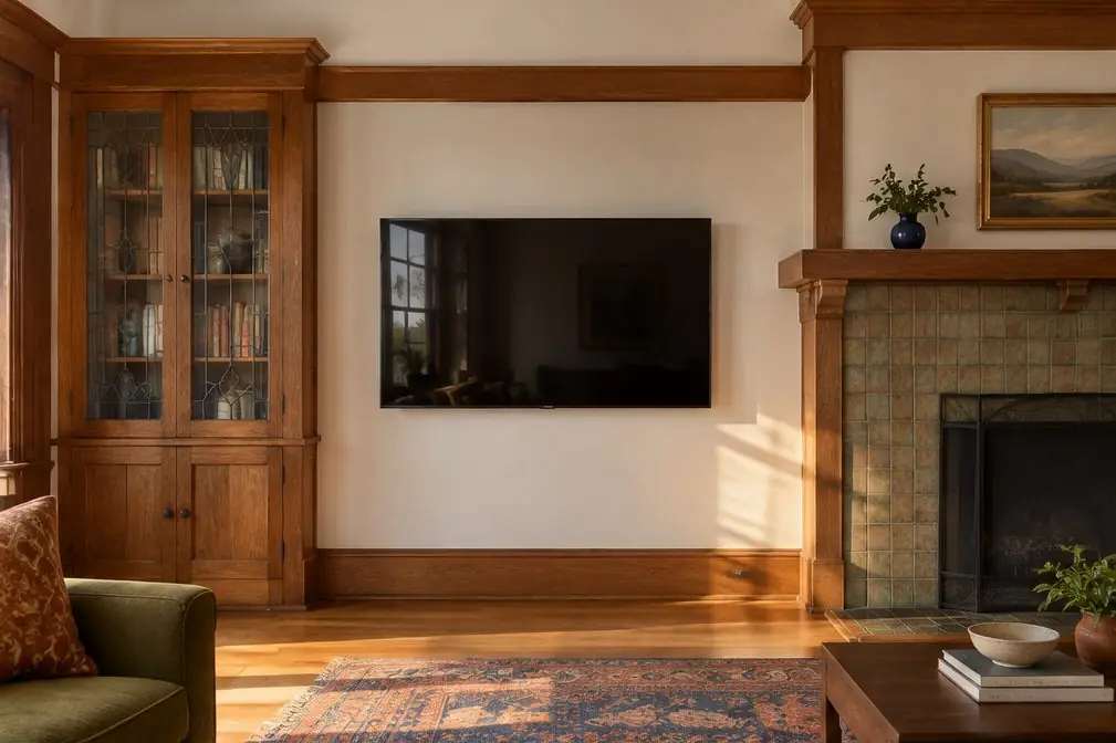Illustration: a TV on a plaster wall beside a built-in bookcase with leaded glass doors in a Craftsman-style Santa Ana living room with a tiled fireplace
