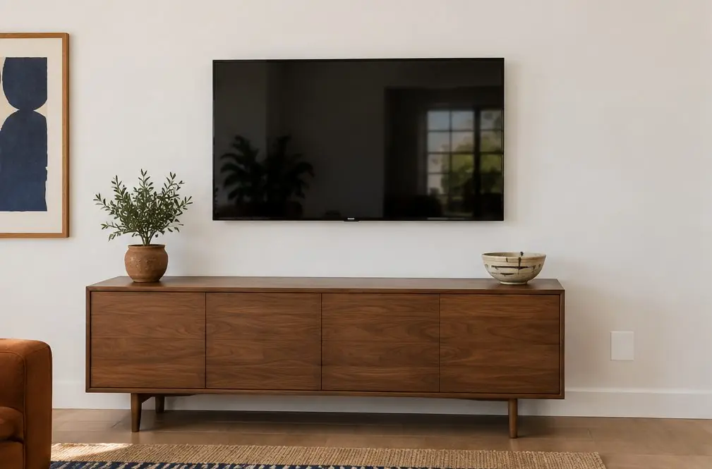 Illustration: a wall-mounted TV on a clean white wall with no visible cords above a low walnut credenza and a small plant