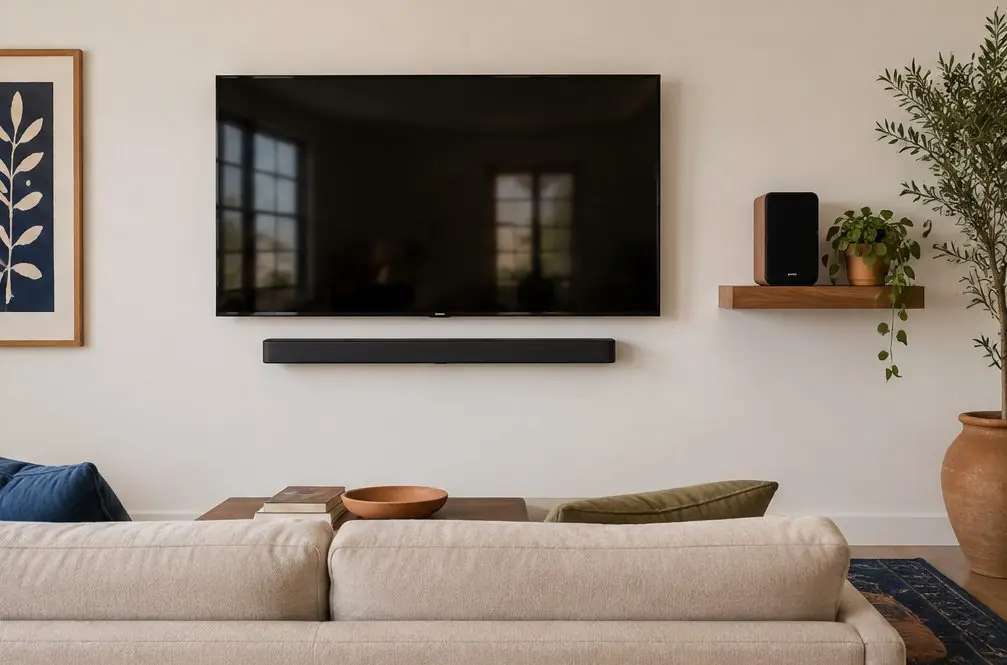 Illustration: a slim soundbar on a wall bracket under a mounted TV in a Santa Ana living room with a bookshelf speaker on a floating shelf