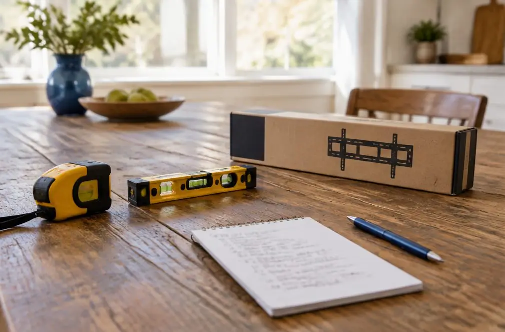 Illustration: a tape measure, a level, a boxed TV bracket and a notepad with blurred figures on a worn wooden table in a Santa Ana kitchen